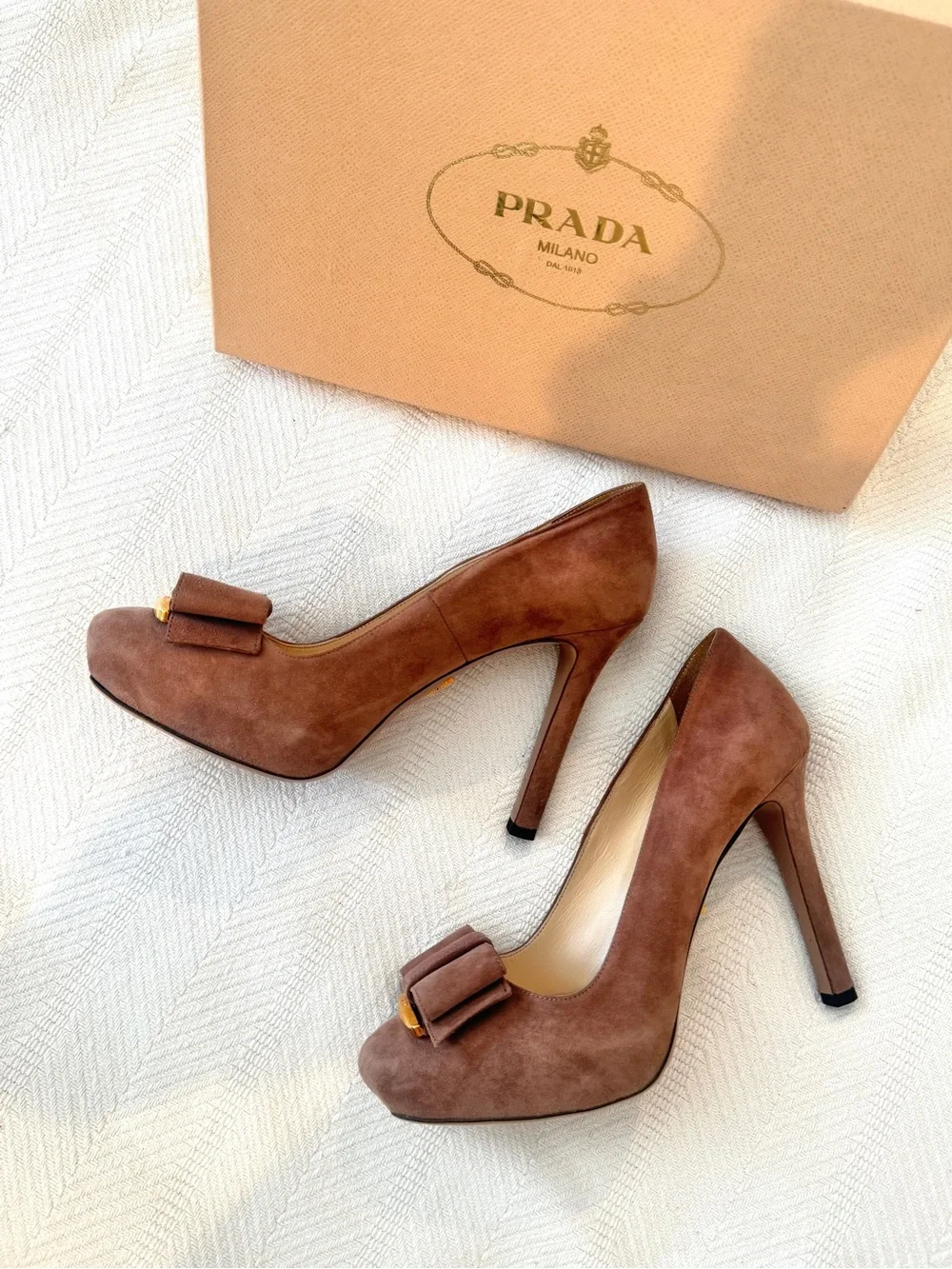 Prada Taupe Suede Bow Peep-Toe Pumps